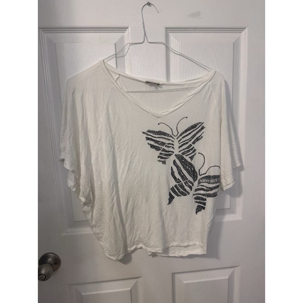 Miss Sixty Womens M White Butterfly Rhinestone V Neck Dolman Sleeve Top Viscose